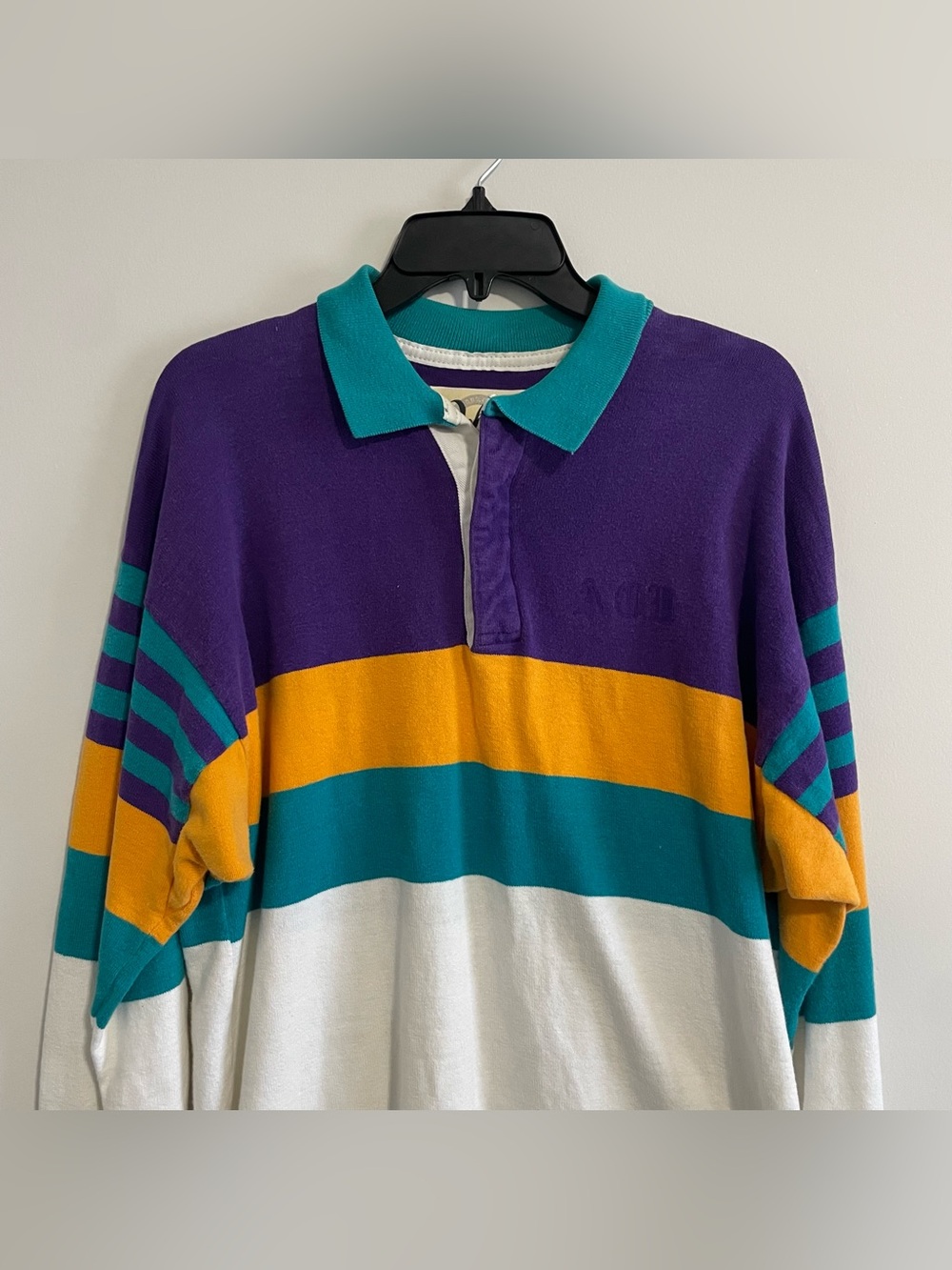 VTG 90s Retro Rugby Polo Shirt Large Long Sleeve Colorblock Striped Fraternity
